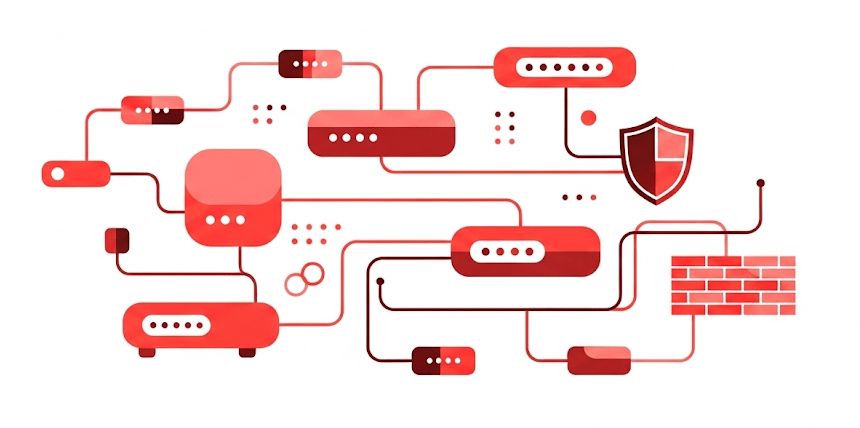 Abstract network graphic with red and black nodes